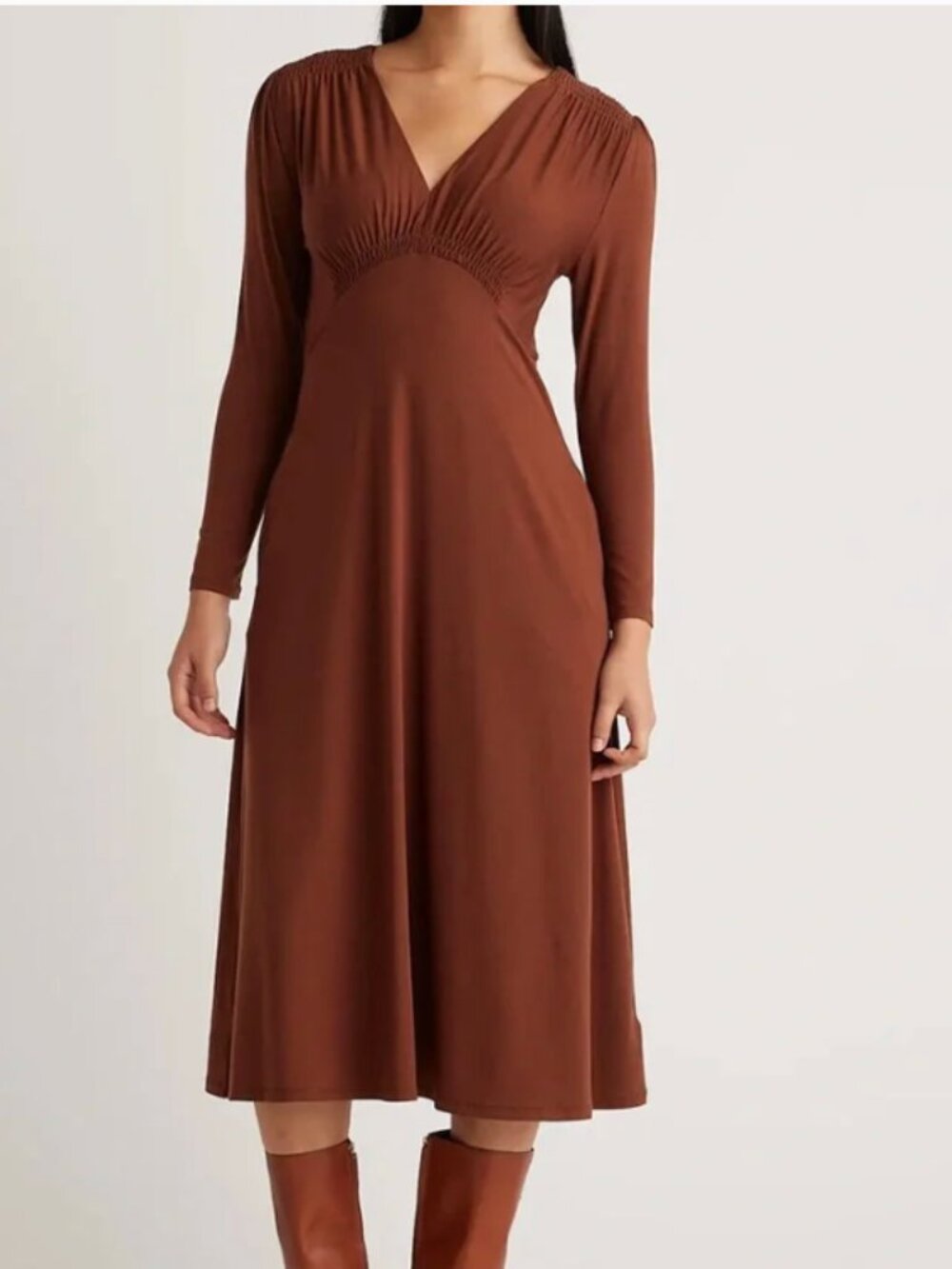 Quince Tencel Jersey V-Neck Long Sleeve Dress Midi Brown Size XL